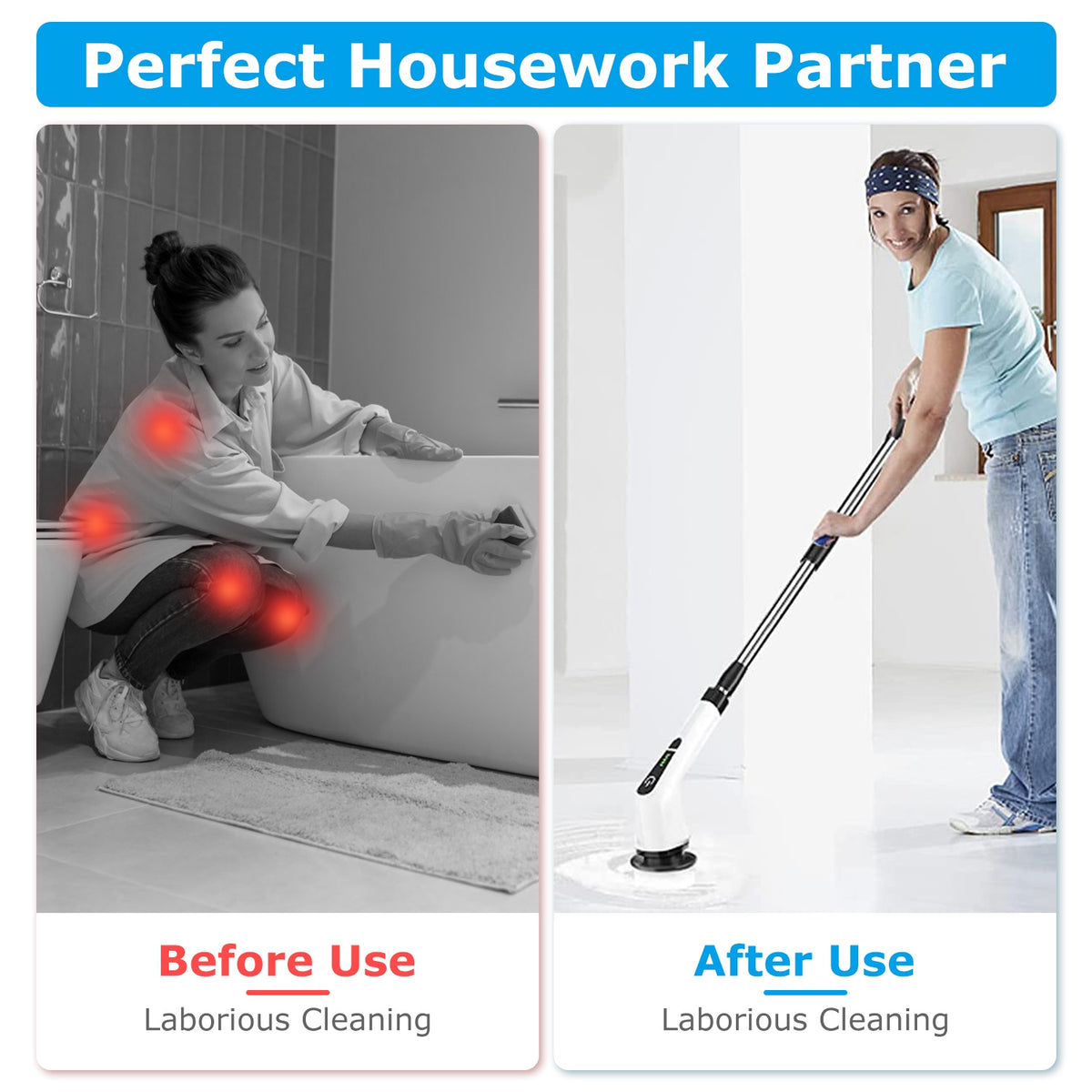 Brosse Nettoyante Électrique Rotative Sans Fil Rechargeable Télescopique 1Pc – 8 Têtes Interchangeables, 2 Vitesses, Bras Extensible – Baignoire, Carrelage, Sol