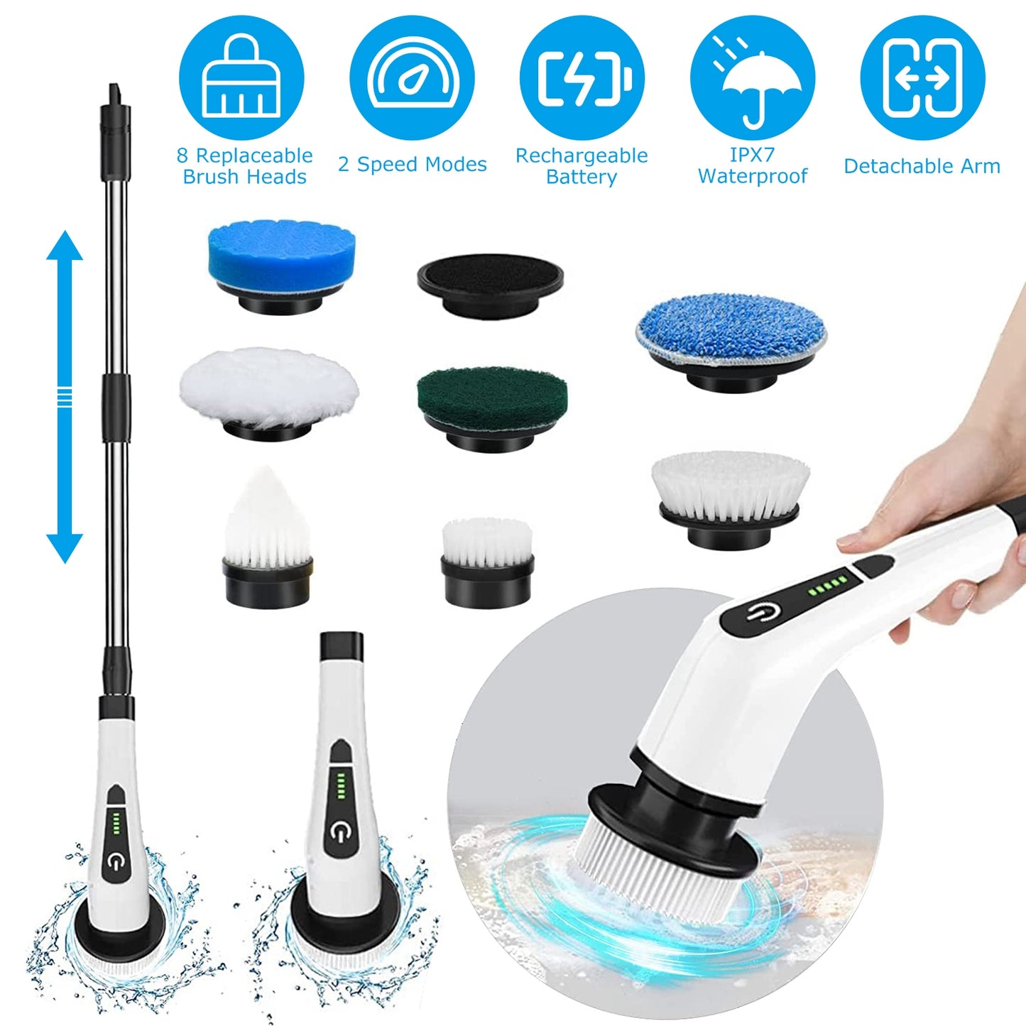 Brosse Nettoyante Électrique Rotative Sans Fil Rechargeable Télescopique 1Pc – 8 Têtes Interchangeables, 2 Vitesses, Bras Extensible – Baignoire, Carrelage, Sol