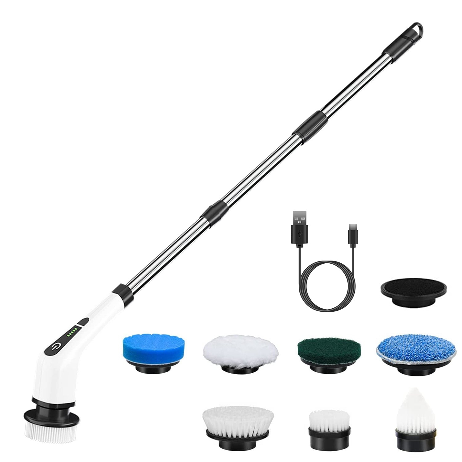 Brosse Nettoyante Électrique Rotative Sans Fil Rechargeable Télescopique 1Pc – 8 Têtes Interchangeables, 2 Vitesses, Bras Extensible – Baignoire, Carrelage, Sol