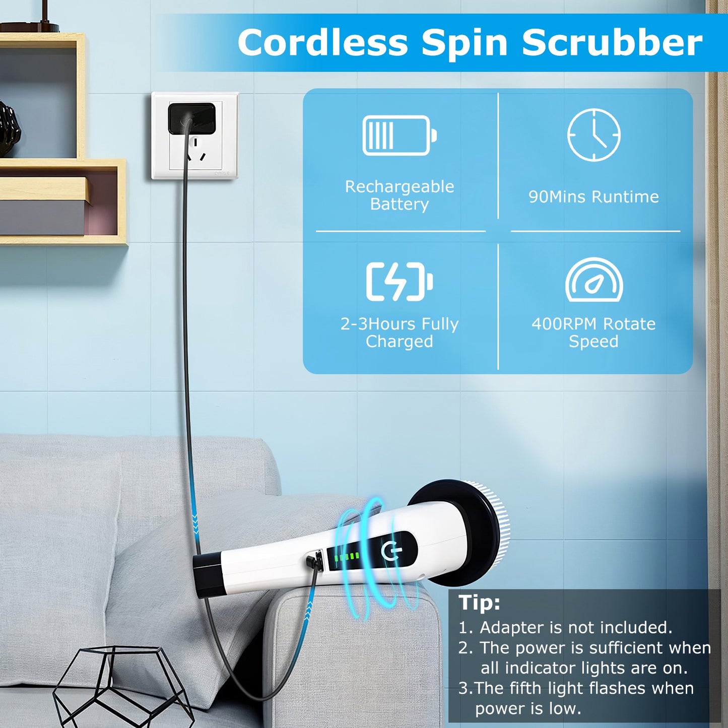 Brosse Nettoyante Électrique Rotative Sans Fil Rechargeable Télescopique 1Pc – 8 Têtes Interchangeables, 2 Vitesses, Bras Extensible – Baignoire, Carrelage, Sol