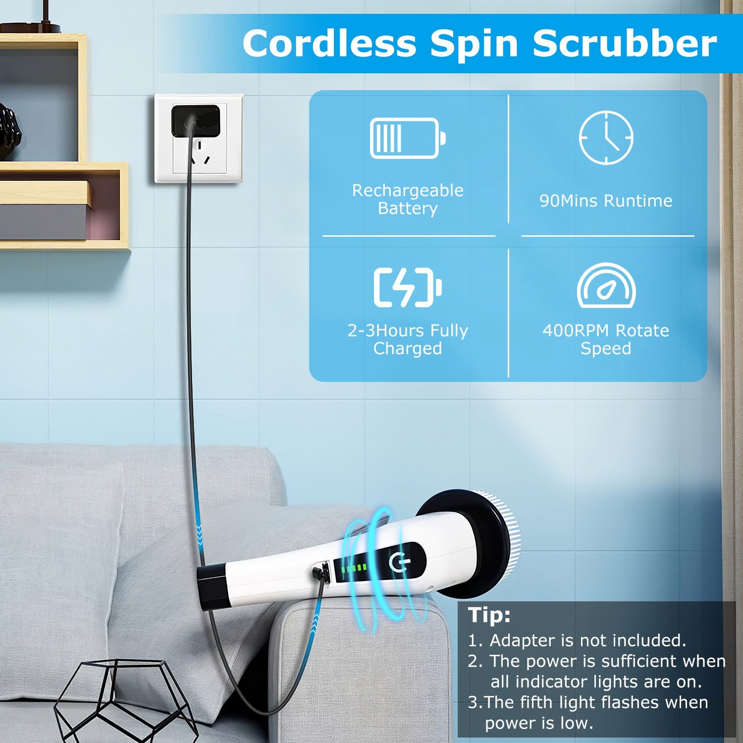 Brosse Nettoyante Électrique Rotative Sans Fil Rechargeable Télescopique 1Pc – 8 Têtes Interchangeables, 2 Vitesses, Bras Extensible – Baignoire, Carrelage, Sol