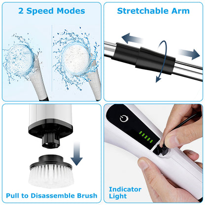 Brosse Nettoyante Électrique Rotative Sans Fil Rechargeable Télescopique 1Pc – 8 Têtes Interchangeables, 2 Vitesses, Bras Extensible – Baignoire, Carrelage, Sol