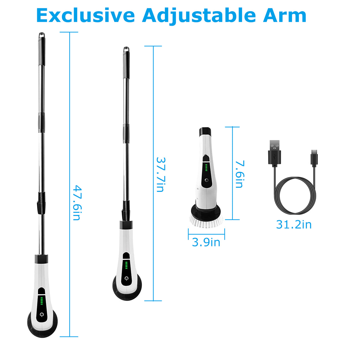 Brosse Nettoyante Électrique Rotative Sans Fil Rechargeable Télescopique 1Pc – 8 Têtes Interchangeables, 2 Vitesses, Bras Extensible – Baignoire, Carrelage, Sol
